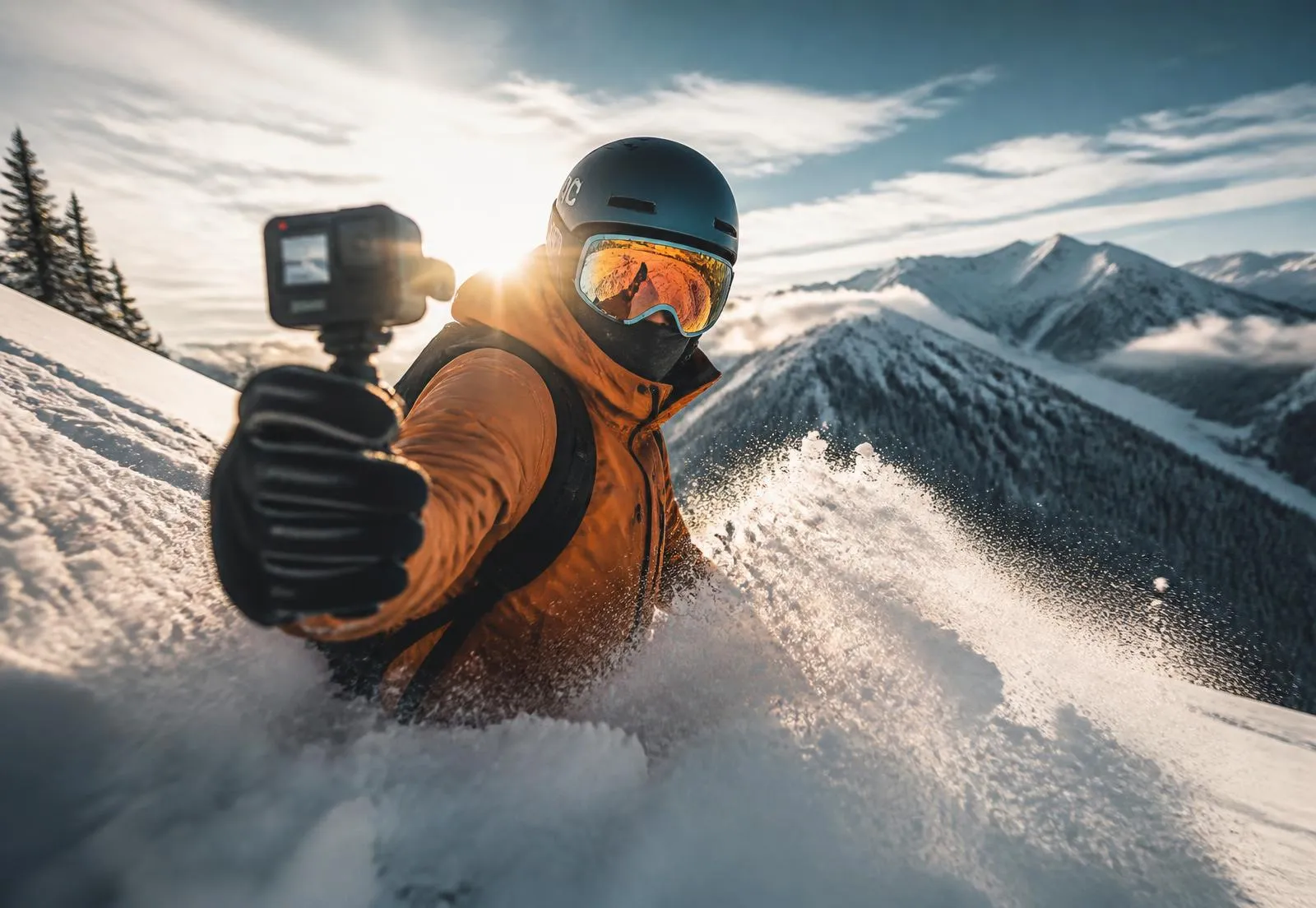 Créateur de contenu ski filmant une descente en poudreuse