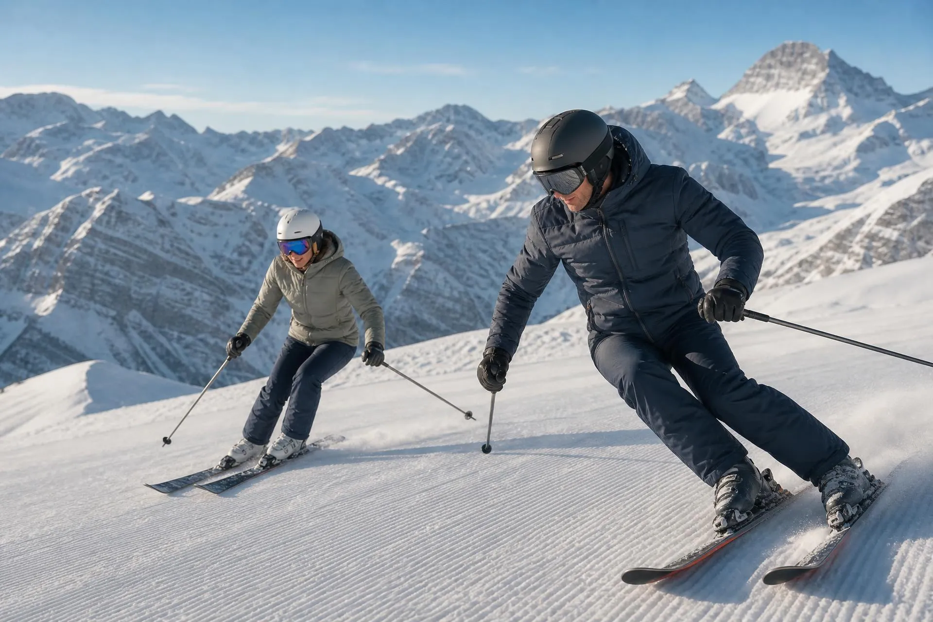 Un moniteur de ski et un skieur descendant une piste dans les Alpes
