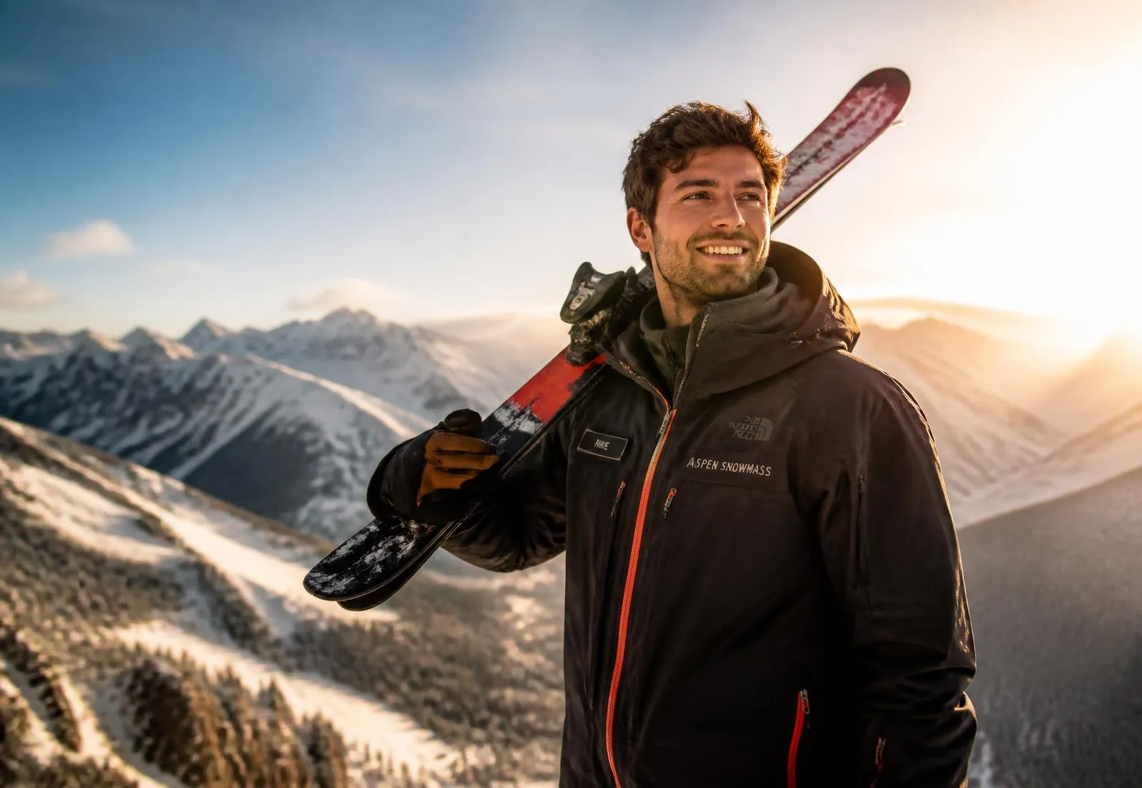 Jeune moniteur de ski sur une crête alpine au coucher du soleil